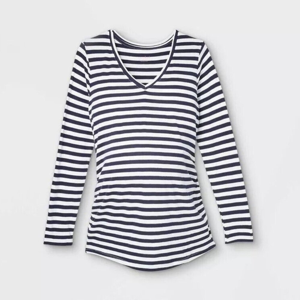 Isabel Maternity Long Sleeve T-Shirt V-Neck Side Size L White Navy Stripes